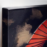 Canvas of a traditional Japanese geisha, wearing a brightly colored kimono, stands elegantly with a serene expression.