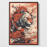 Das Bild präsentiert eine stilisierte Darstellung eines Tigers, umgeben von üppigen roten und weißen Blumen, die an traditionelle asiatische Kunst erinnern könnten. Der Tiger ist in einem grafischen Stil gezeichnet, mit betonten Linien und einem ernsten, konzentrierten Gesichtsausdruck. Seine Augen sind scharf und lebendig, was auf eine gewisse Intensität und Wildheit hinweist. Das Bild ist eingerahmt in einem Schattenfugenrahmen in schwarz.