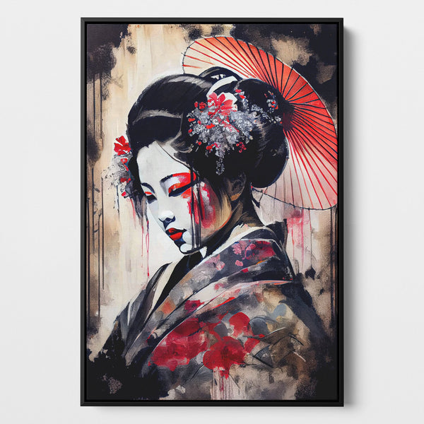 Framed Canvas of a traditional Japanese geisha, wearing a brightly colored kimono, stands elegantly with a serene expression. 