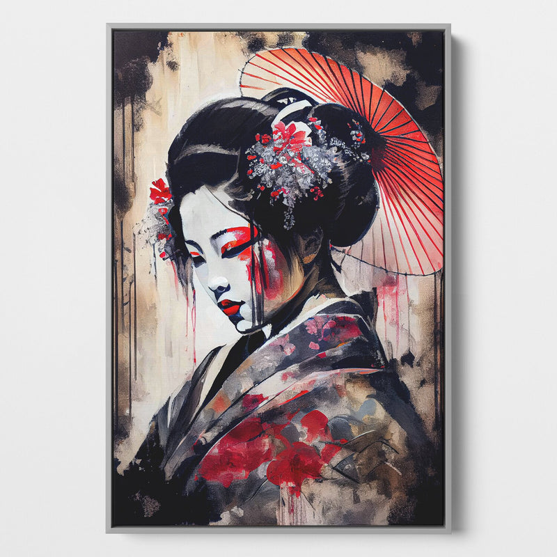 Framed Canvas of a traditional Japanese geisha, wearing a brightly colored kimono, stands elegantly with a serene expression. 