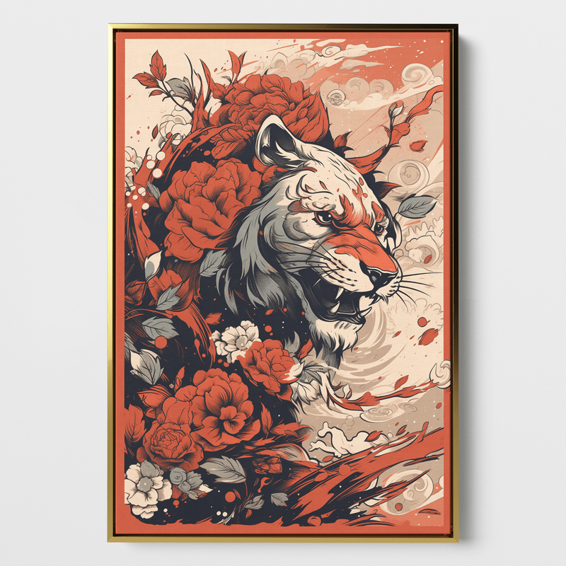 Das Bild präsentiert eine stilisierte Darstellung eines Tigers, umgeben von üppigen roten und weißen Blumen, die an traditionelle asiatische Kunst erinnern könnten. Der Tiger ist in einem grafischen Stil gezeichnet, mit betonten Linien und einem ernsten, konzentrierten Gesichtsausdruck. Seine Augen sind scharf und lebendig, was auf eine gewisse Intensität und Wildheit hinweist. Das Bild ist eingerahmt in einem Schattenfugenrahmen in Gold.